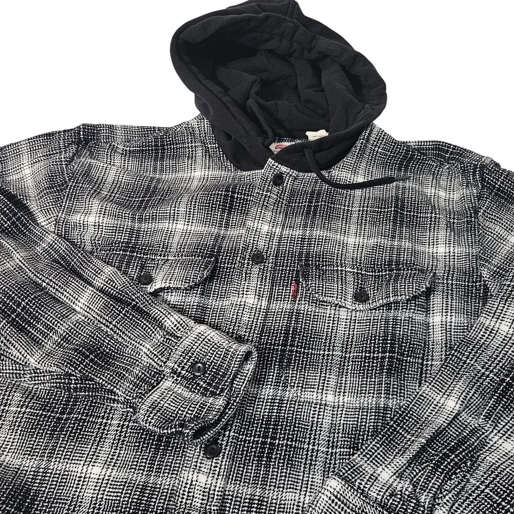 Levis Mens Plaid Flannel‎ Button Up Shirt Hoodie Relaxed Fit Size L